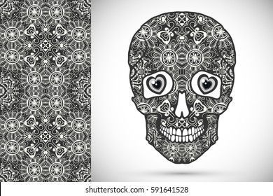 Day of The Dead monochrome Sugar Skull with doodle ornament and decorative seamless floral geometric pattern. Hand drawn art background, tattoo, Halloween party card design, textile or paper print