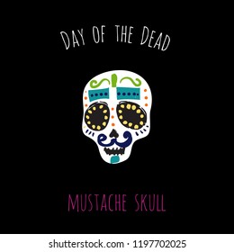 Day of the Dead: mustache skull element for decoration traditional mexican holiday. Hand drawn illustration in watercolor style on black background. 