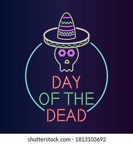 Day of the Dead Neon Banner Design. Vector colorful Illustration of Mexican Holiday night party.