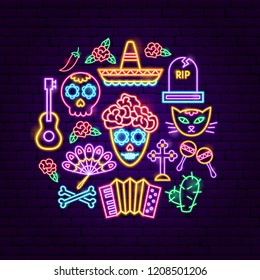 Day of the Dead Neon Concept. Vector Illustration of Mexican Holiday Promotion.