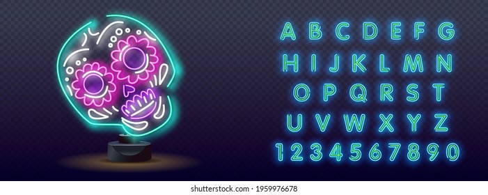 Day of the Dead Neon Concept. Vector Illustration of Mexican Holiday Promotion. Dia de los Muertos Neon Banner Design. Vector Illustration