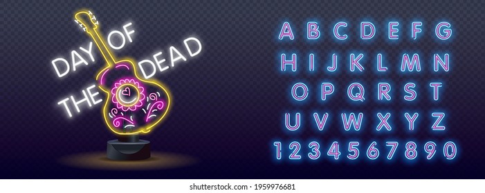 Day of the Dead Neon Concept. Vector Illustration of Mexican Holiday Promotion. Dia de los Muertos Neon Banner Design. Vector Illustration