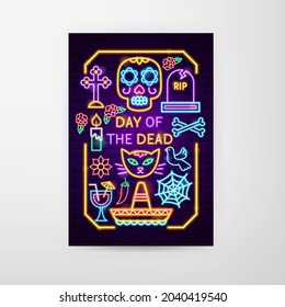 Day of the Dead Neon Flyer. Vector Illustration of Dia De Los Muertos Promotion.