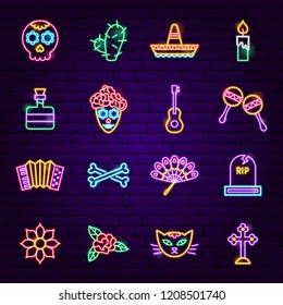 Day of the Dead Neon Icons. Vector Illustration of Holiday Symbols.