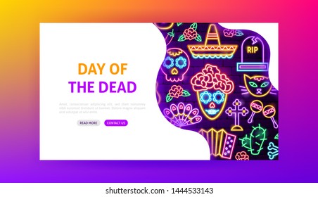 Day of the Dead Neon Landing Page. Vector Illustration of Holiday Promotion.