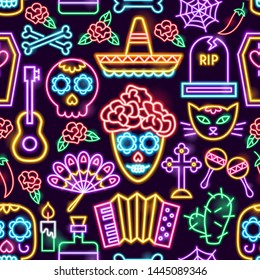 Day of the Dead Neon Seamless Pattern. Vector Illustration of Holiday Promotion.