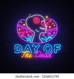 Day of the dead Neon Sign Vector. Dia de los moertos neon banner. Fiesta, holiday poster, party flyer, greeting card. Traditional Mexican Halloween. Vector illustration.