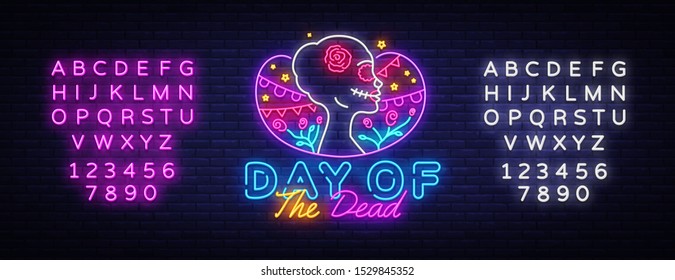 Day of the dead Neon Sign Vector. Dia de los moertos neon banner. Fiesta, holiday poster, party flyer, greeting card. Traditional Mexican Halloween. Vector illustration. Editing text neon sign.