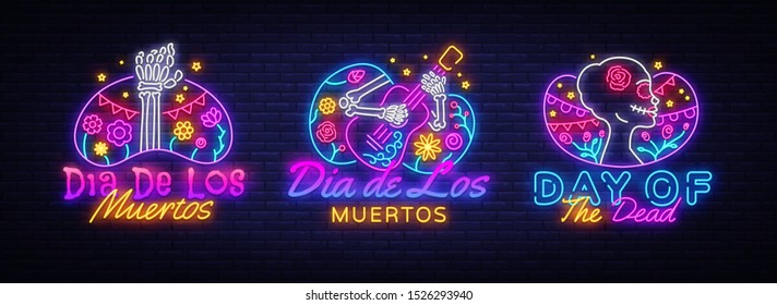 Day of the dead Neon signs set Vector. Dia de los moertos neon icons collection. Fiesta, holiday poster, party flyer, greeting card, design template, modern trend design. Vector illustration.