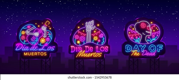 Day of the dead Neon signs set Vector. Dia de los moertos neon icons collection. Fiesta, holiday poster, party flyer, greeting card, design template. Vector illustration. Billboards