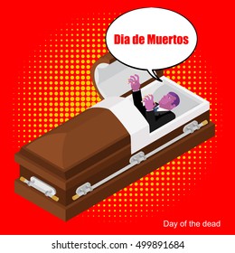 Day of the Dead. Open coffin. departed zombie in casket. Mexican traditional religious holiday. National celebration in Mexico. Dea de los muertos card and poster