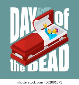 Day of the Dead. Open coffin. departed zombie in casket. Mexican traditional religious holiday. National celebration in Mexico. Dea de los muertos card and poster