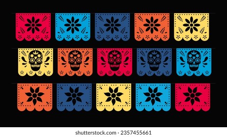 The day of the dead. Papel picado mexican holiday flags. Paper cut banners. 