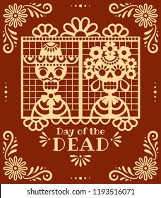 Day of the Dead papel picado. Vector illustration with traditional Mexican red and white paper cuttings of skeletons and flowers. Isolated on background.