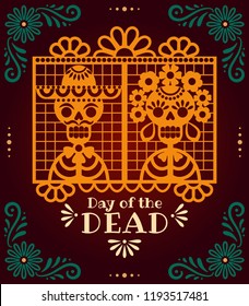 Day of the Dead papel picado. Vector illustration with traditional Mexican paper cuttings of skeletons and flowers. Isolated on dark background.