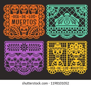 Day of the Dead. Papel Picado. Vector collection of traditional Mexican paper cutting templates. Isolated on black background.