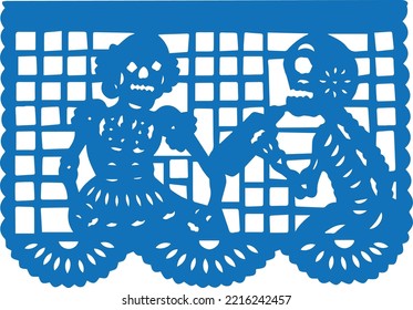 Day of the Dead paper, blue Papel Picado with a traditional Mexican skulls sitting.