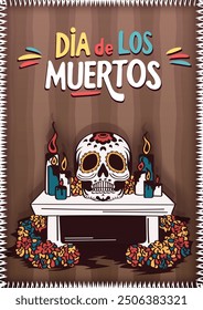 Day of the Dead paper cut poster with hand drawn Calavera sugar skull on an altar surrounded by marigolds and candles. Día de los Muertos card with Mexican decorated cranium against brown background