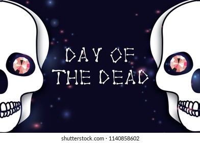 Day of the dead. Paper cut skull for mexican celebration. Traditional mexico skeleton. Pink Diamond eyes. Dia de muertos on dark night blue.