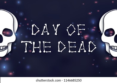 Day of the dead. Paper cut skull for mexican celebration. Traditional mexico skeleton. Dia de muertos on dark night blue. Bones font.