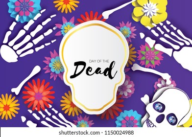 Day of the dead. Paper cut skull for mexican celebration. Traditional mexico skeleton. Blue Diamond eyes. Dia de muertos on purple. Origami cempasuchil flowers. Bones.