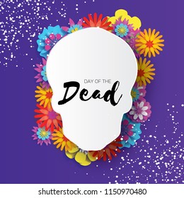 Day of the dead. Paper cut skull frame for text. Mexican celebration. Dia de muertos on purple. Origami cempasuchil flowers