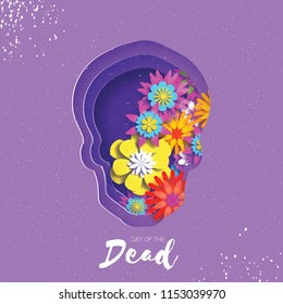 Day of the dead. Paper cut skull frame for text. Mexican celebration. Dia de muertos on purple. Origami cempasuchil flowers.