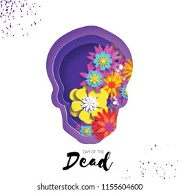 Day of the dead. Paper cut skull frame for text. Mexican celebration. Dia de muertos on white. Origami cempasuchil flowers.