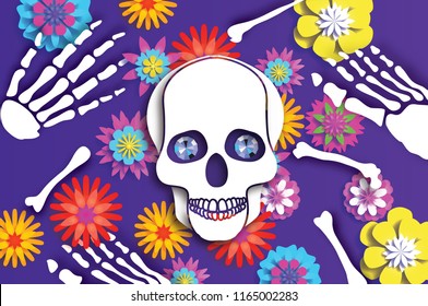 Day of the dead. Paper cut skull for mexican celebration. Traditional mexico skeleton. Blue Diamond eyes. Dia de muertos on purple. Origami cempasuchil flowers. Bones.