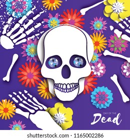 Day of the dead. Paper cut skull for mexican celebration. Traditional mexico skeleton. Blue Diamond eyes. Dia de muertos on purple. Origami cempasuchil flowers. Bones.