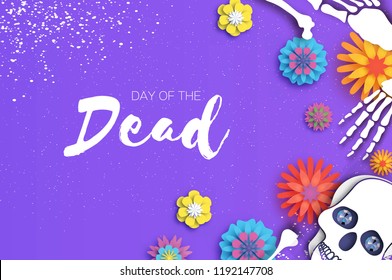 Day of the dead. Paper cut skull for mexican celebration. Traditional mexico skeleton. Dia de muertos. Mexican holiday. Purple. Space for text. Origami flower. Vector