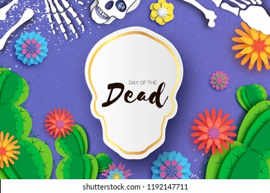 Day of the dead. Paper cut skull for mexican celebration. Traditional mexico skeleton. Dia de muertos. Mexican holiday. Purple. Origami flower,cactus. Skull frame for text. Vector