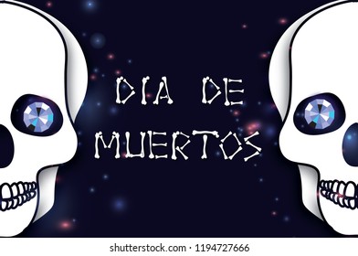 Day of the dead. Paper cut skull for mexican celebration. Traditional mexico skeleton. Blue Diamond eyes. Dia de muertos on dark night blue. Bones font.