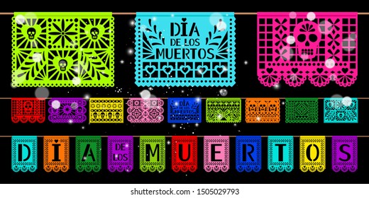 Day of dead paper decoration. Mexican holiday dia de los muetros cutted papers art papel picado, decorations flags ribbon elements with skulls, vector illustration