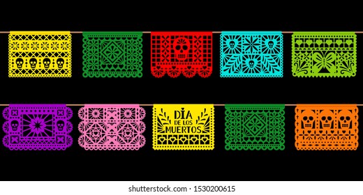 Day of dead paper decoration. Mexican holiday dia de los muetros cutted papers art isolated on black background. Vector garlands illustration