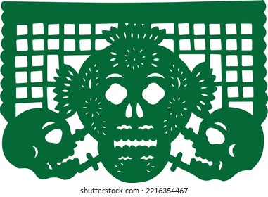 Day of the Dead paper, Green Papel Picado with a traditional Mexican skulls head.