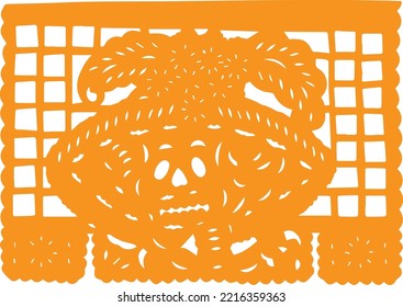 Day of the Dead paper, Orange Papel Picado with a traditional Mexican skulls head.