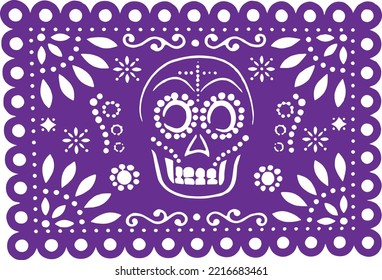 Tag der Toten Papier, Purple Papel Picado mit einem traditionellen mexikanischen Schädel Kopf.