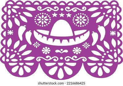 Day of the Dead paper, Purple Papel Picado with a traditional Mexican hat sombrero.