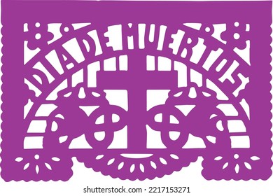 Day of the Dead paper, Purple Papel Picado with a traditional Mexican cross and the text in Spanish: DIA DE MUERTOS