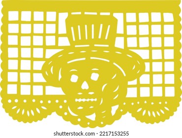 Day of the Dead paper, yellow Papel Picado with a traditional Mexican skull head wearing a hat.