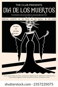 Day of the Dead party club poster. Traditional Day of the Dead symbol - skeleton female character dressed in long black dress and flower crown.