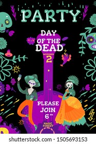 Day of the Dead party colorful invitation card with skeletons man and woman cartoon characters vector illustration. Mexican traditional Dia de los Muertos holiday poster template.