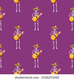 Day of the dead party. Dea de los muertos seamless pattern. Painted skeletons play musical instruments and dance.