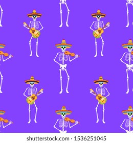 Day of the dead party. Dea de los muertos seamless pattern. Painted skeletons play musical instruments and dance.