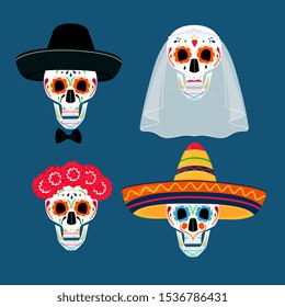 Day the dead party  Dea de los muertos  Painted skulls in sombrero  wreath  veil  hat 