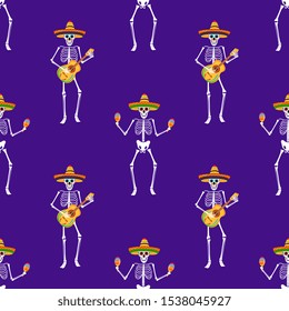 Day the dead party  Dea de los muertos seamless pattern  Painted skeletons play musical instruments   dance 
