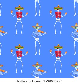 Day of the dead party. Dea de los muertos seamless pattern. Painted skeletons play musical instruments and dance.