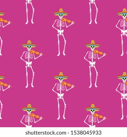 Day of the dead party. Dea de los muertos seamless pattern. Painted skeletons play musical instruments and dance.