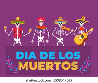 Day of the dead party. Dea de los muertos banner. Painted skeletons play musical instruments